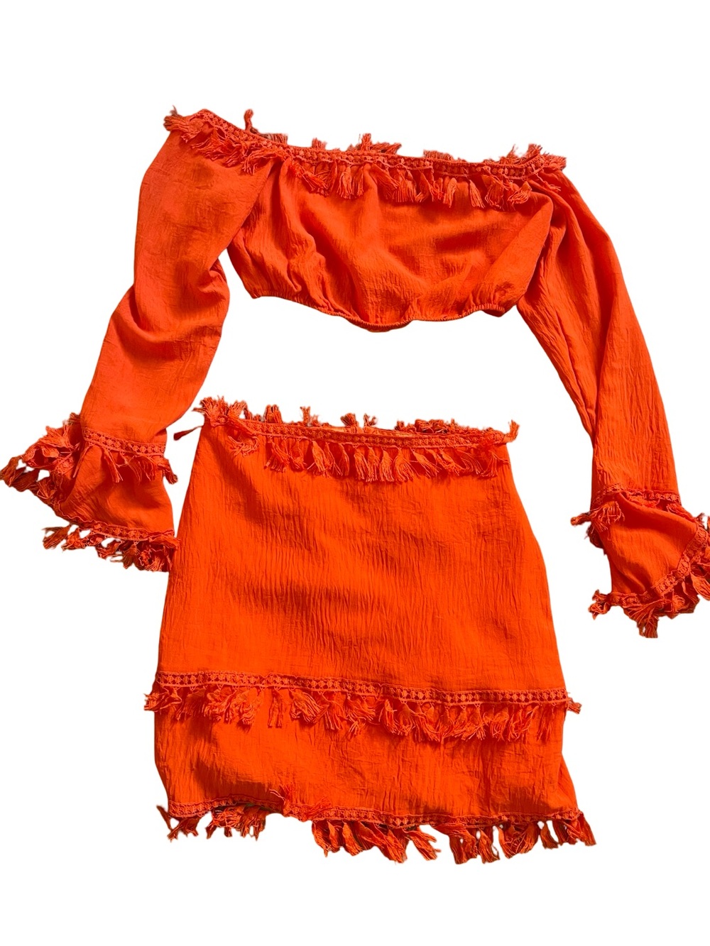 SHEIN Orange Tassel Trim Off-the-Shoulder Two-Piece Skirt Set | Size M